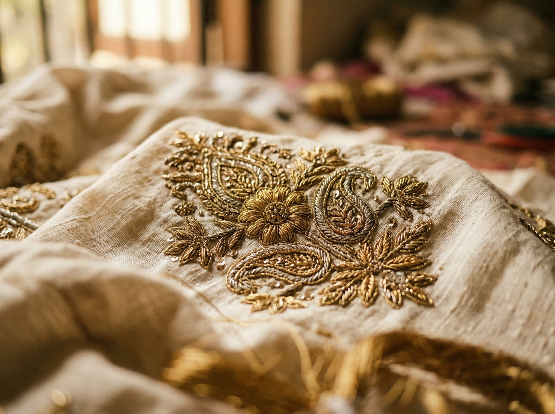 Close-up of intricate gold zardozi embroidery on cream handloom fabric