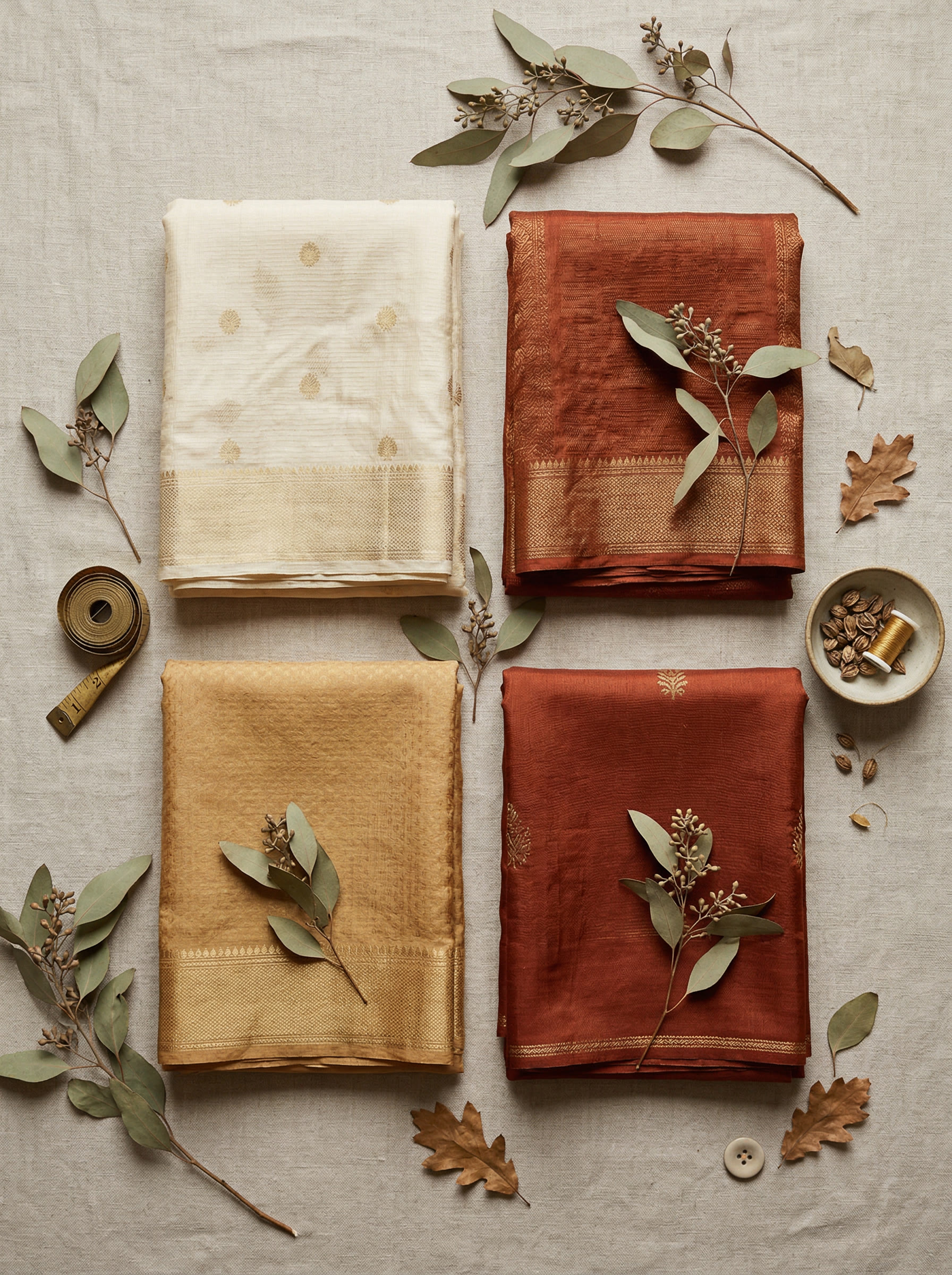 Handwoven textiles in autumn tones — cream, rust, and gold — arranged on linen