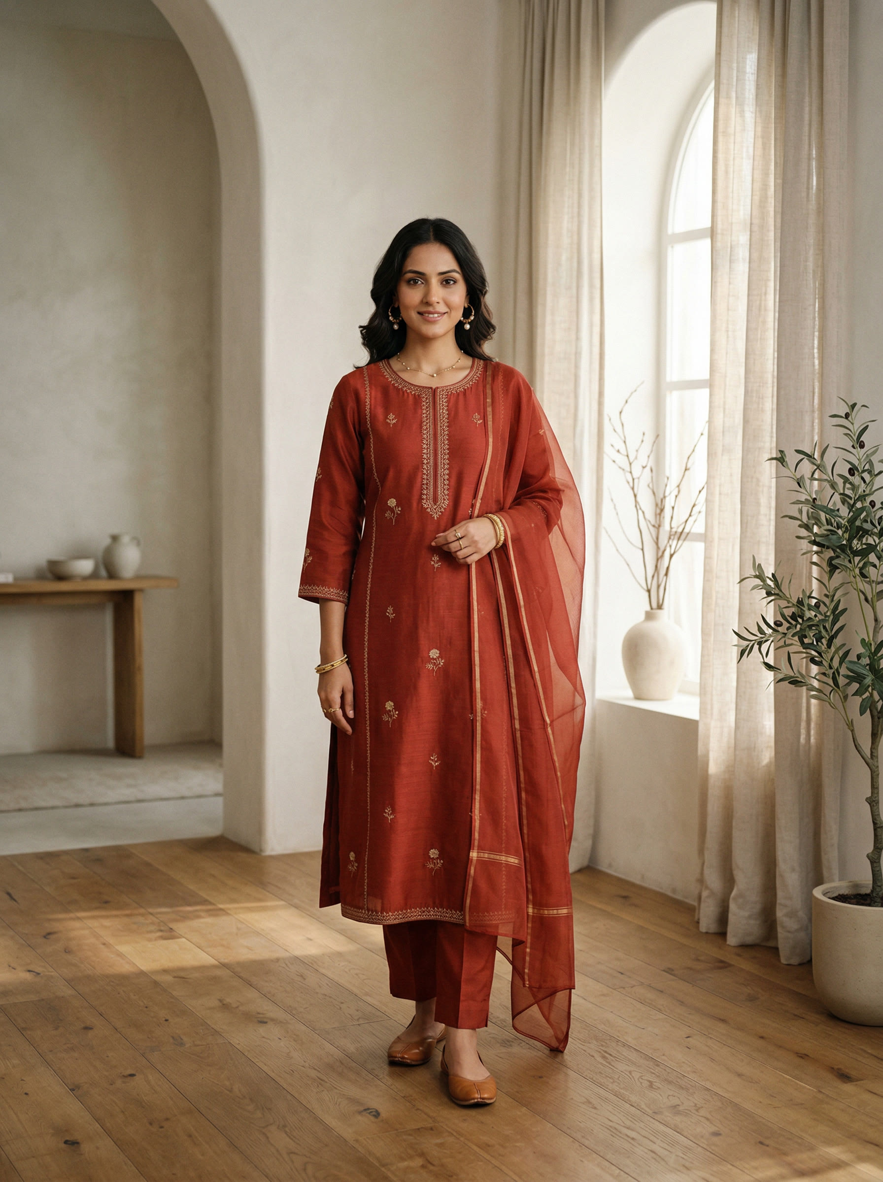 Woman in a terracotta red embroidered kurta set in a minimalist interior