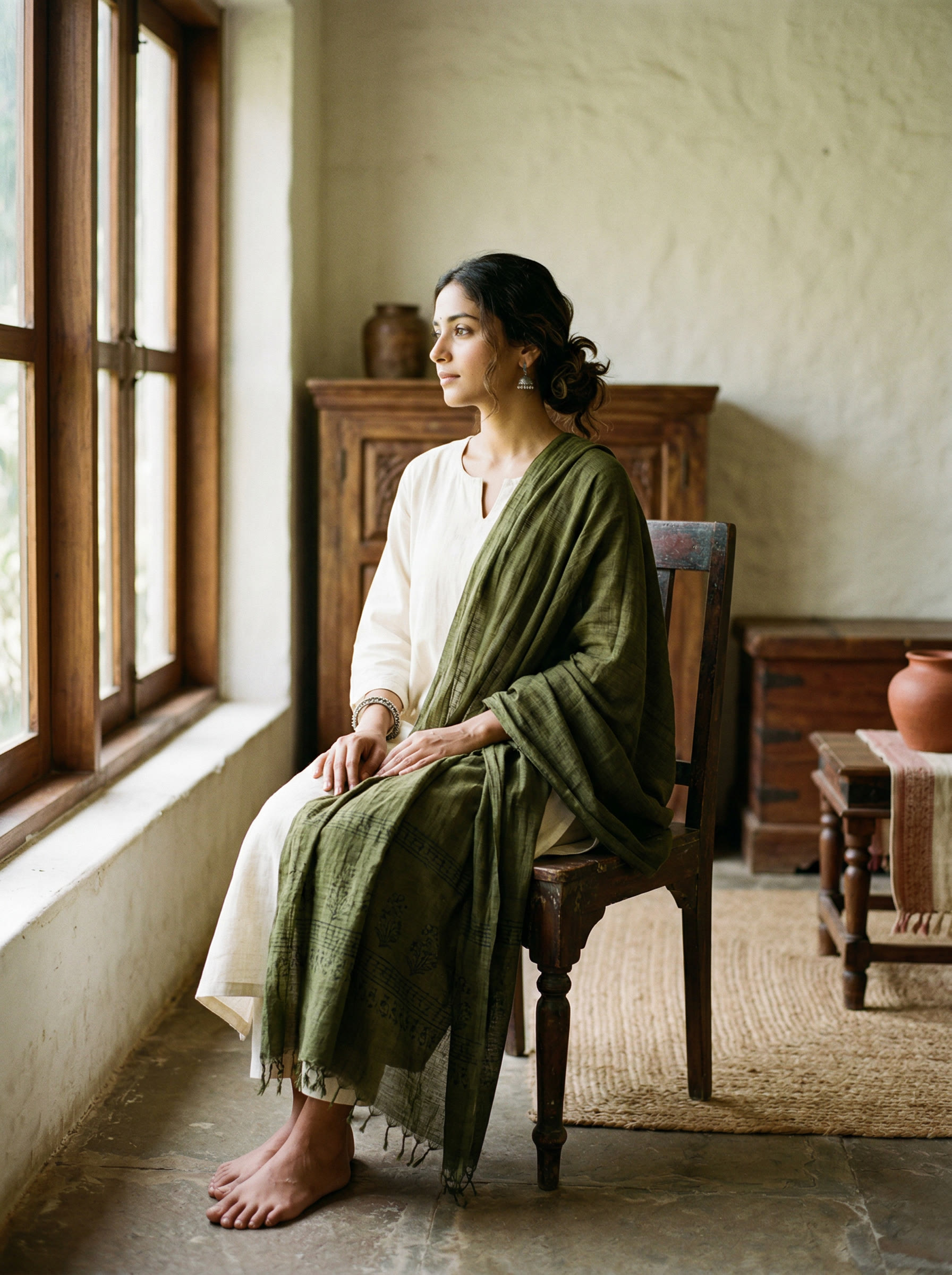Woman in ivory kurta with deep olive handloom dupatta, seated by a window