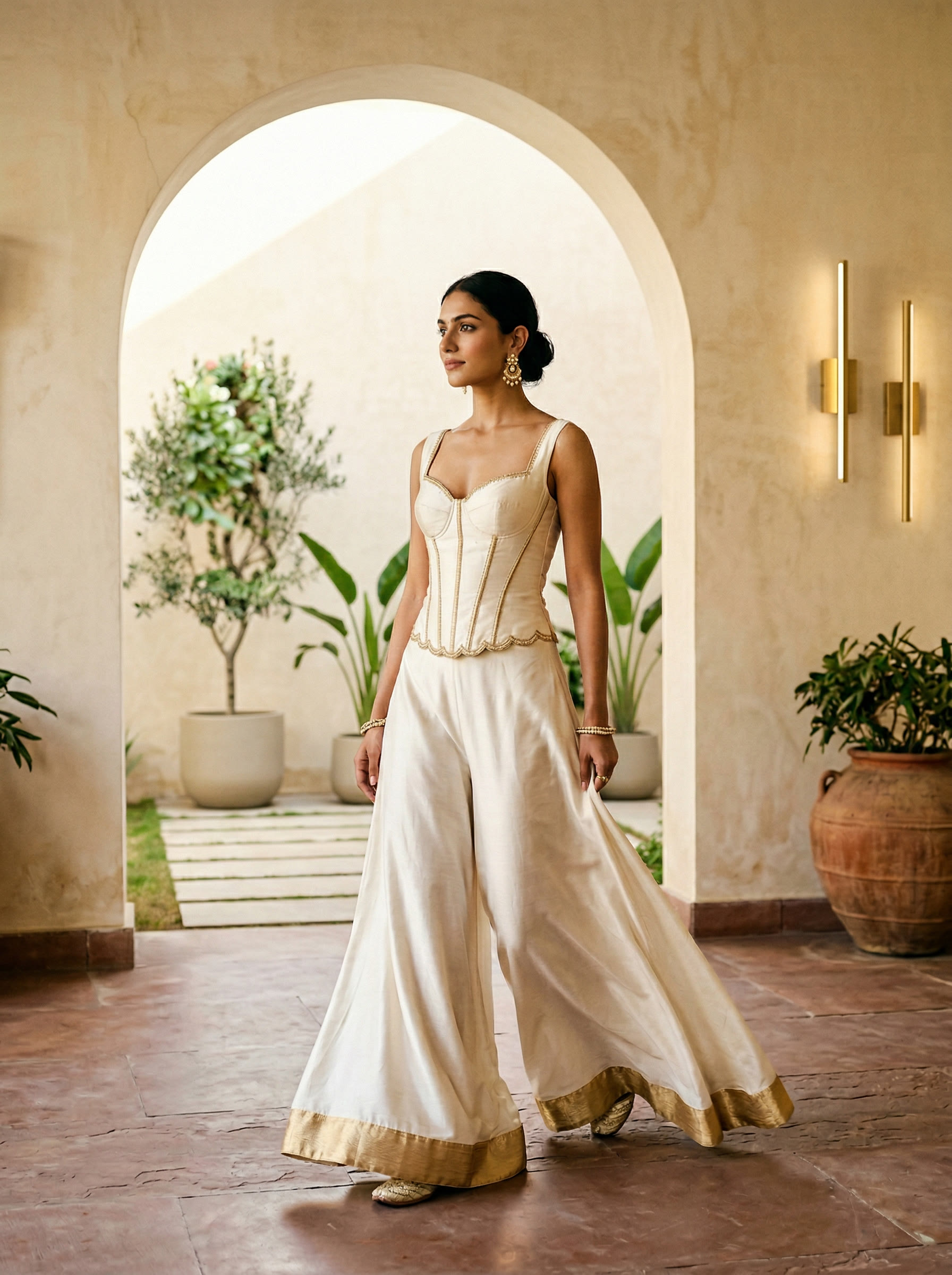 Ivory silk corset top with scalloped gold hem, paired with flowing white palazzo pants