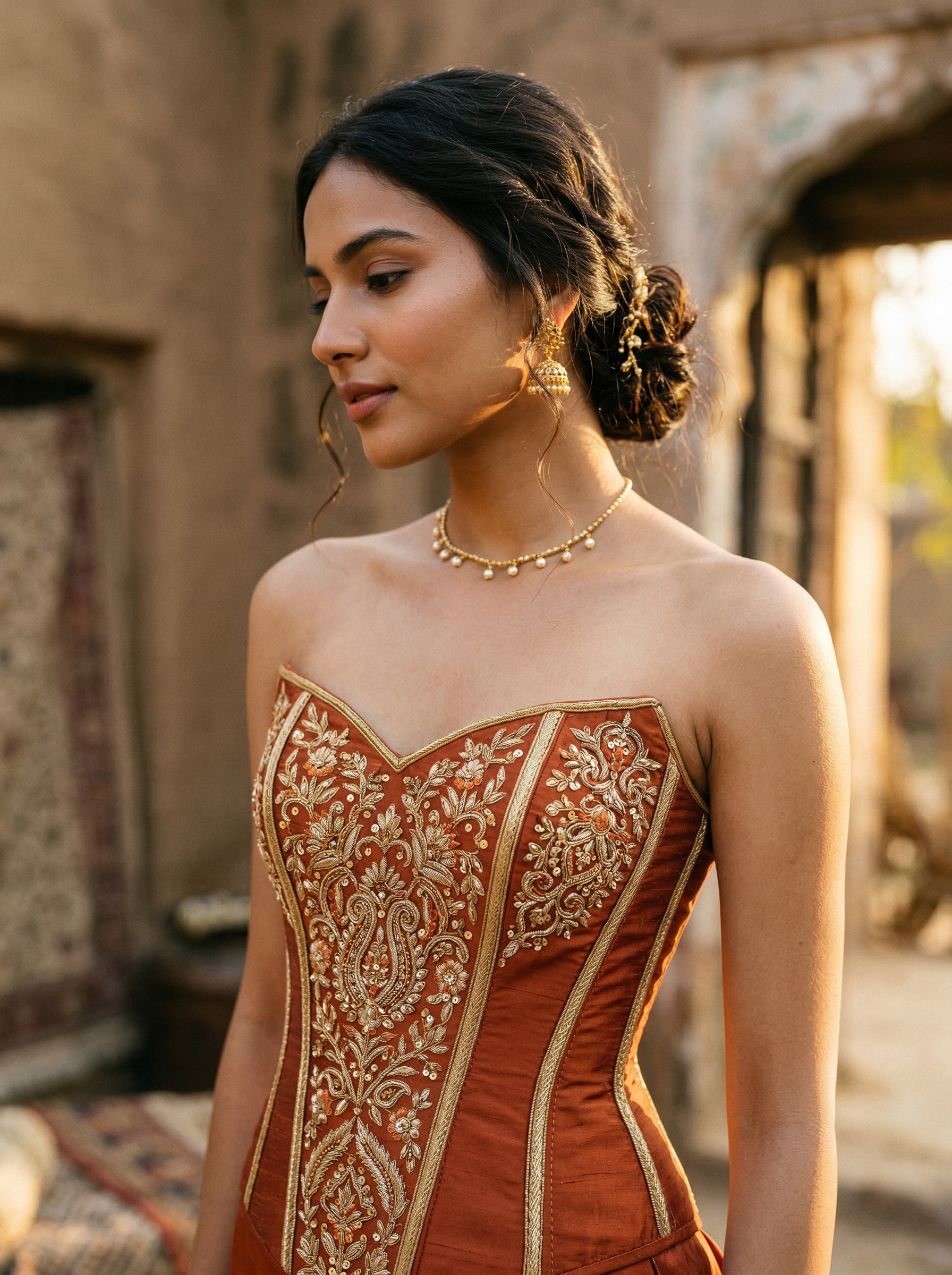 Terracotta rust silk corset top with zardozi embroidery and gold boning detail