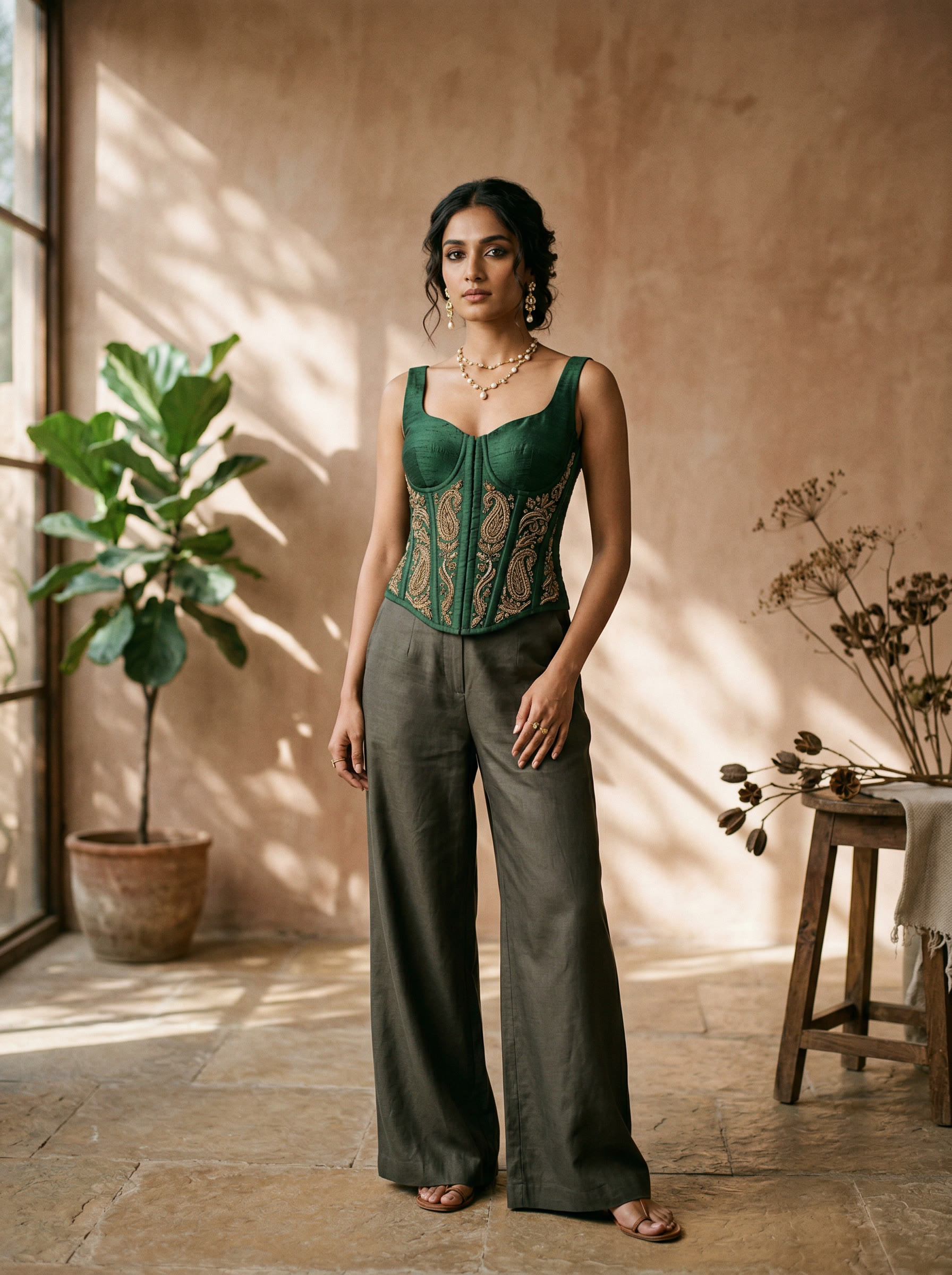 Forest green raw silk corset top with hand-embroidered paisley motifs