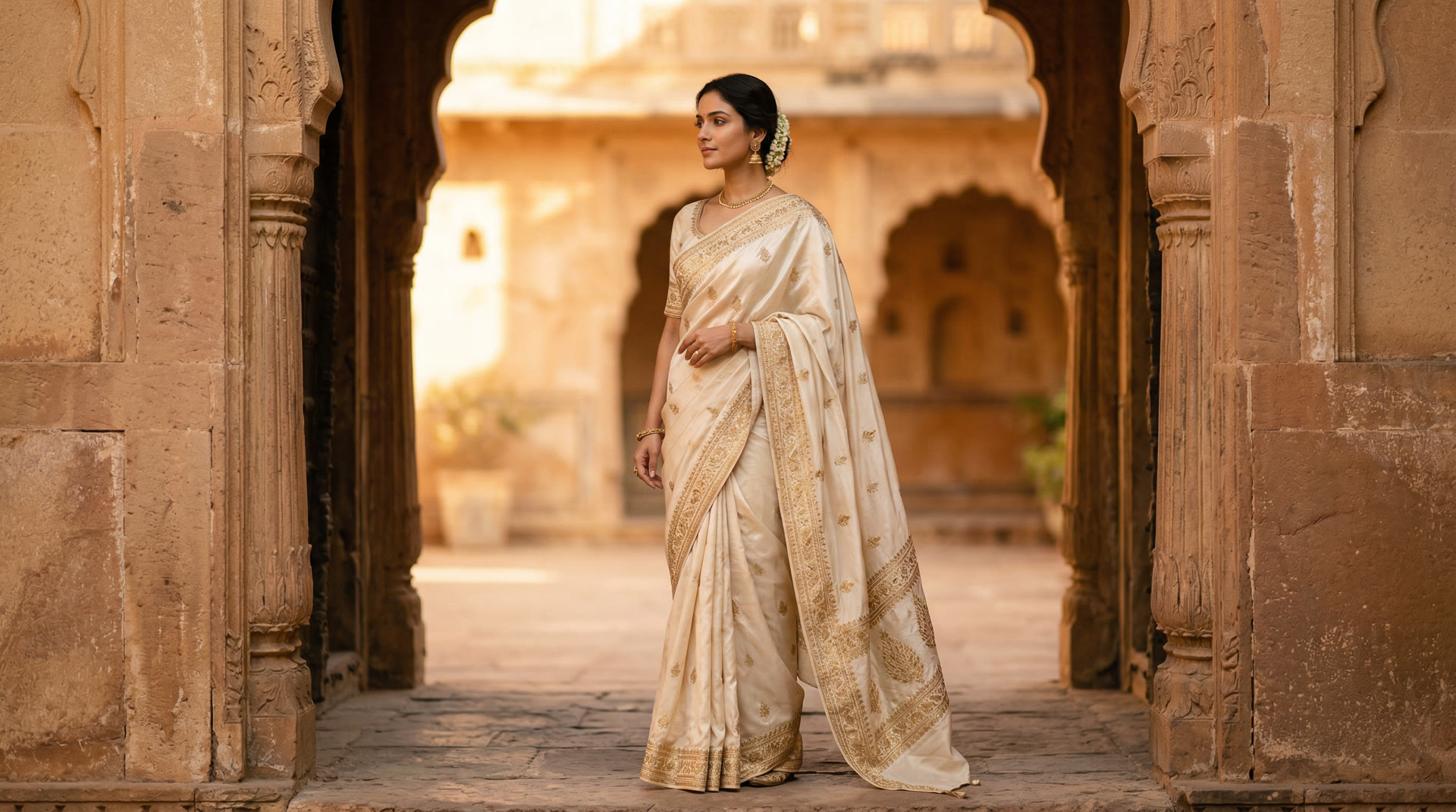 Woman draped in an ivory silk saree with gold embroidery, standing in a sandstone archway at golden hour