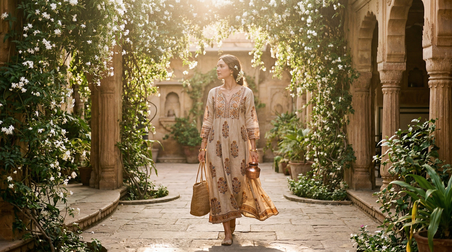 Woman in block-print dress walking through a sun-dappled courtyard with jasmine vines